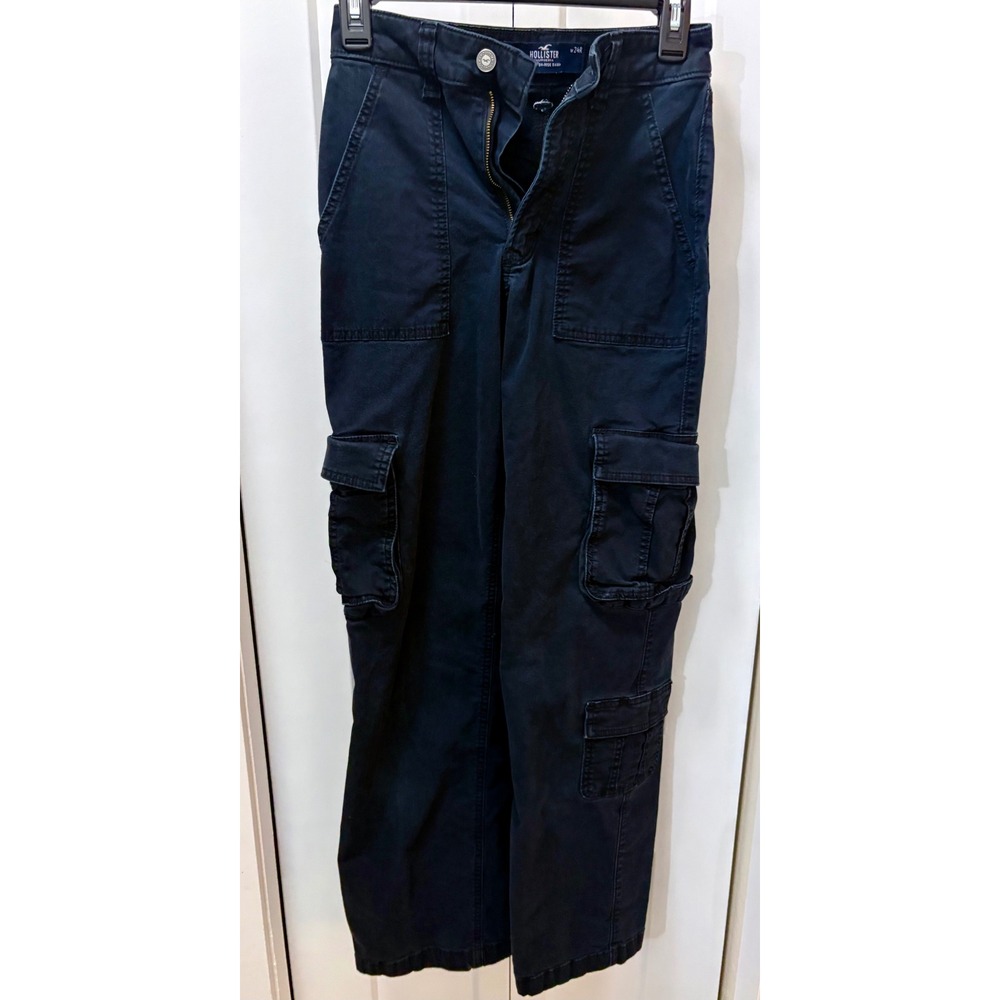 Hollister Ultra High-Rise Baggy Cargo Pants Black W24R 00R Utility Wide Leg Y2K